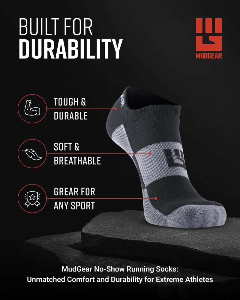 MudGear Spartan Race No-Show Running Socks, Cushioned, Non-Slip, Anti-Blister, Breathable Compression Athletic AnkleSocks for Trail, Marathon, Gym &Training, 2-Pack, Black/Gray, Large - Image 2